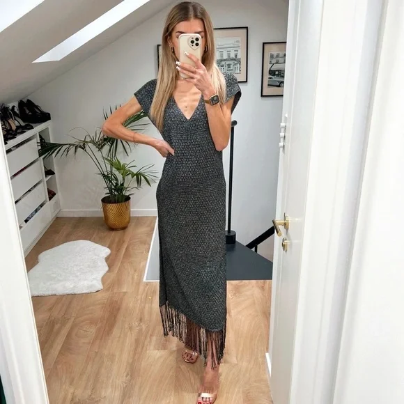 Zara | Dresses | Zara Fringed Knit Tunic Grey Silver Knit Midi Sleevless  Tunic Fringe Long Dress | Poshmark